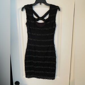 Guess size 2 black lace with gold mini dress cross back